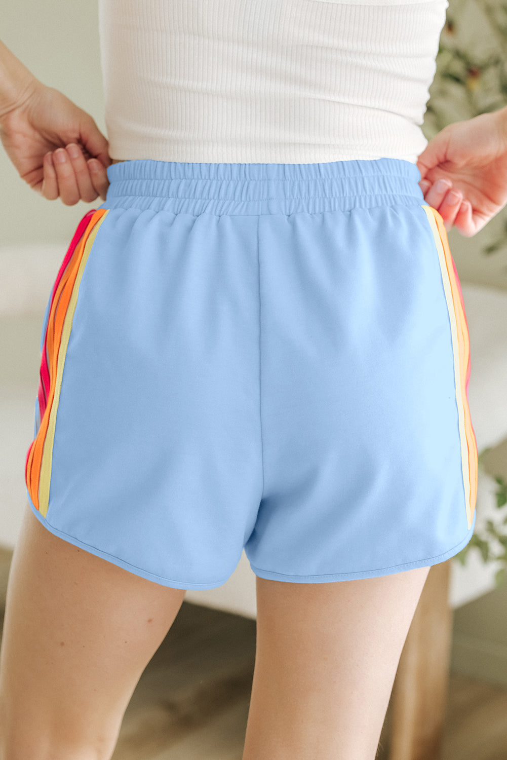 Beau Blue Color Block Stripes Elastic High Waist Active Shorts