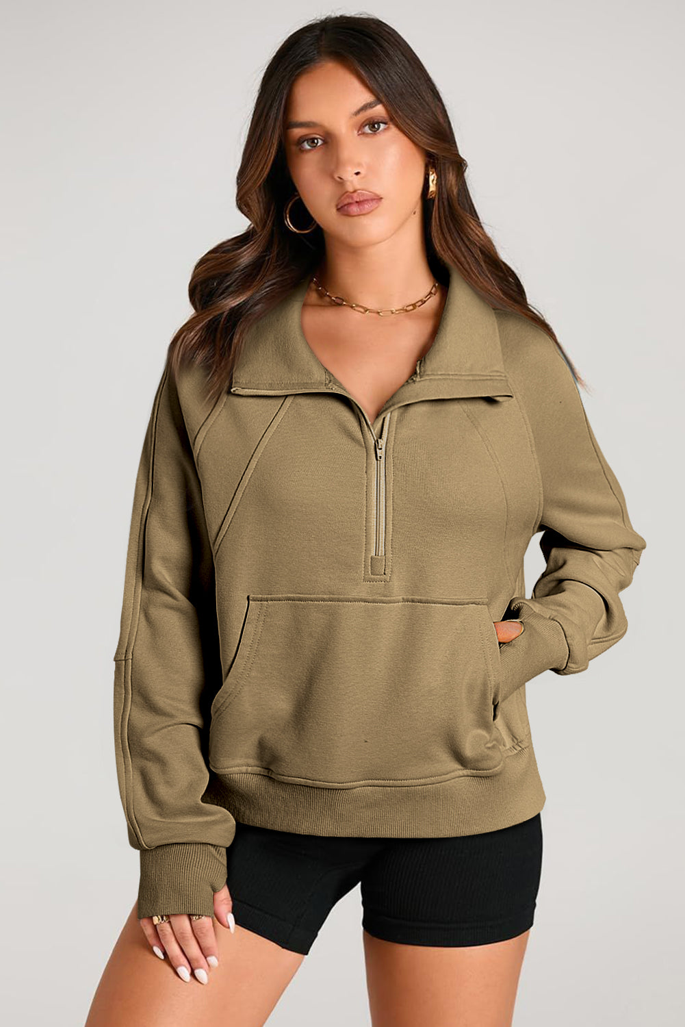 Black Quarter Zip Stand Neck Kangaroo Pocket Sweatshirt