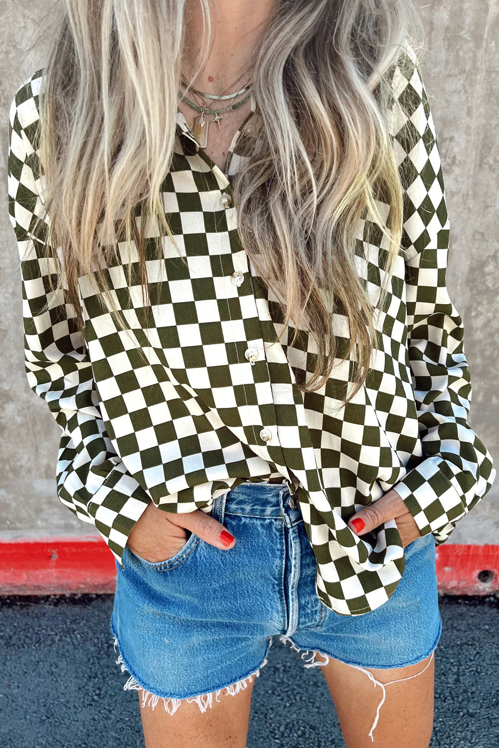 Green Checkerboard Printed Drop Shoulder Loose Casual Shirt