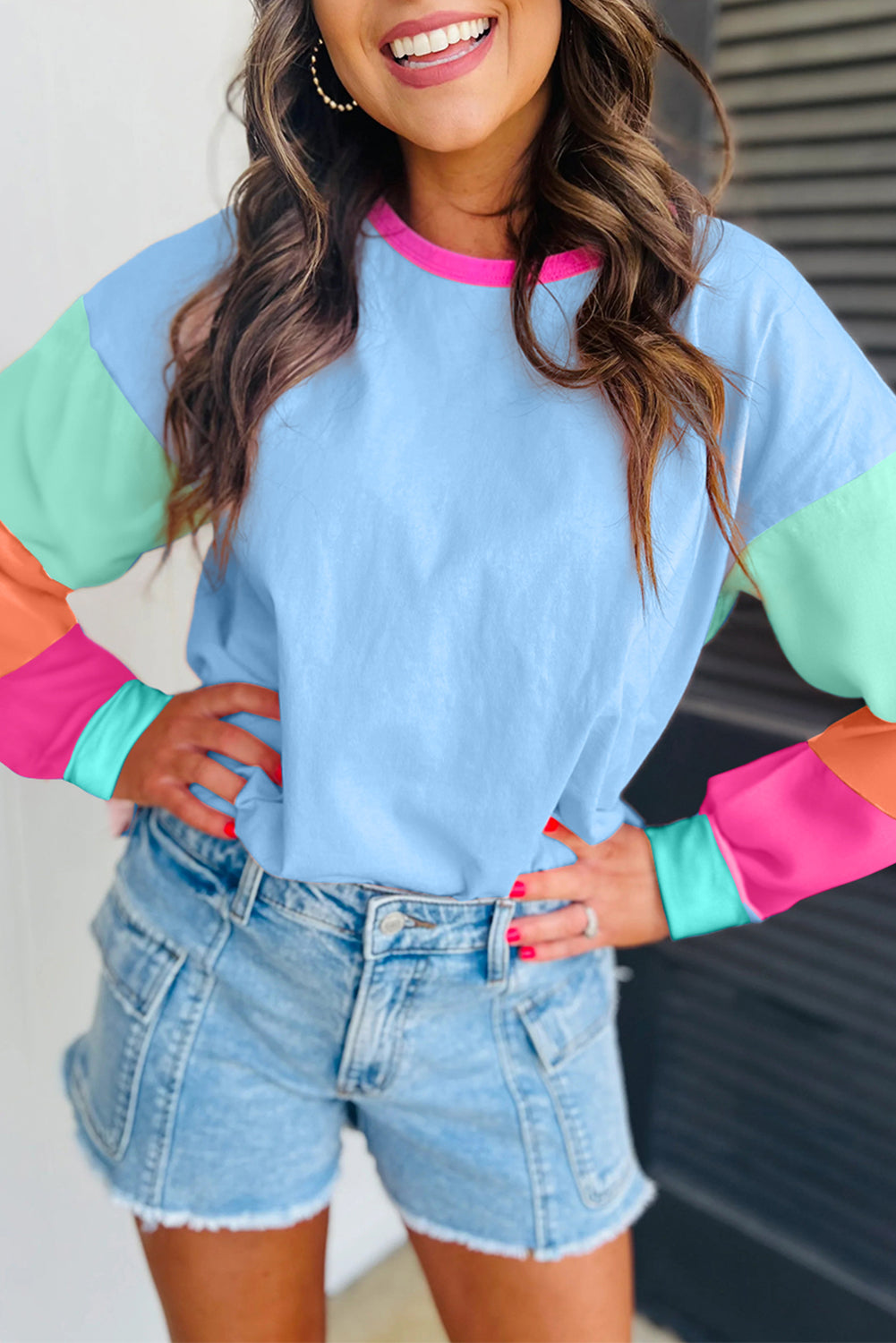 Dark Blue Colorblock Patchwork Long Sleeve Loose Top