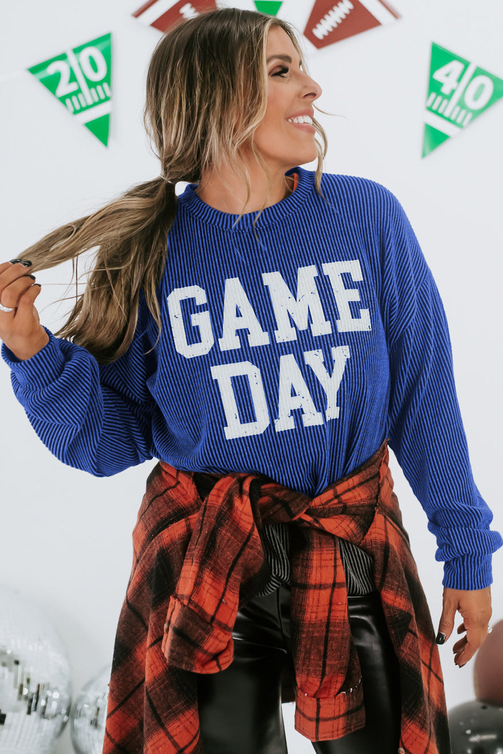 Dark Grey Corded GAME DAY Graphic Long Sleeve Crewneck Top