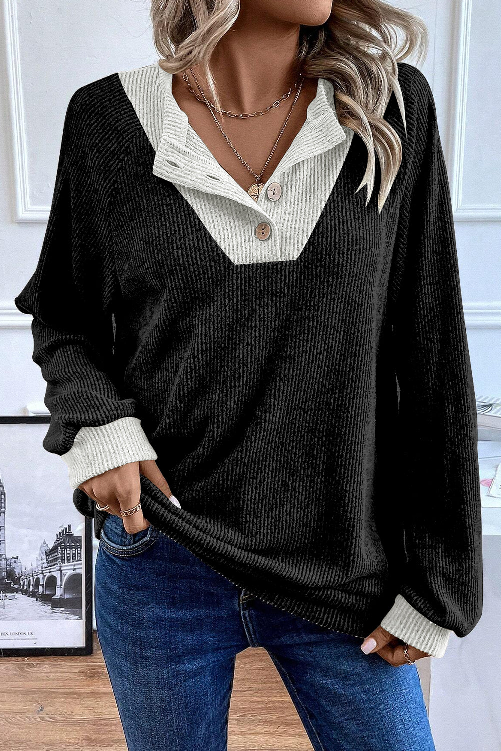 Light Grey Color Contrast Ribbed Loose Fit Long Sleeve Top