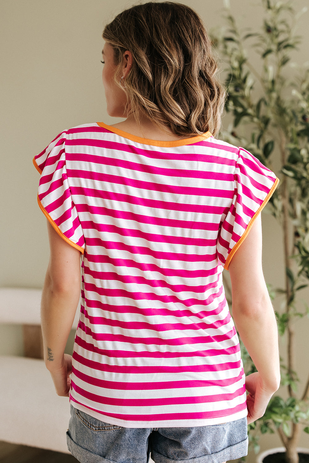 Rose Red Striped Ruffle Sleeve Crew Neck Blouse