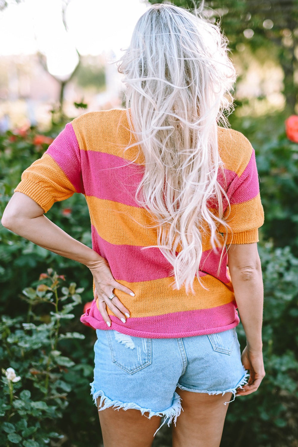 Orange Stripe Color Block Knitted T-shirt Sweater