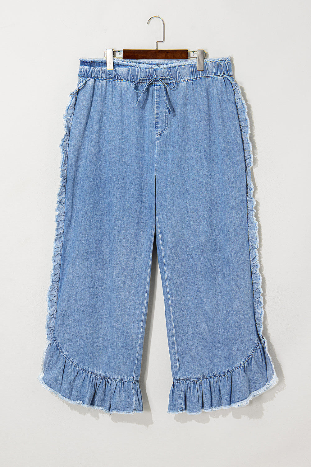 Blue Plus Size Lace up Waist Ruffled Trim Ankle Length Jeans