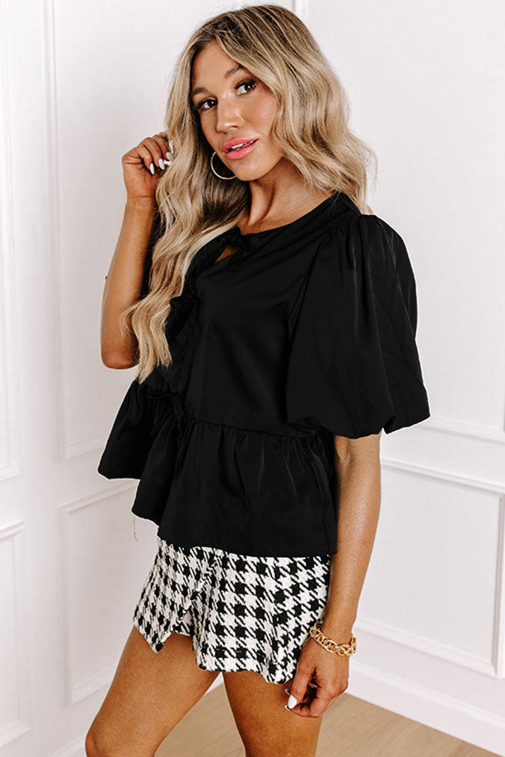 Black Puff Sleeve Bowknot Front Peplum Blouse