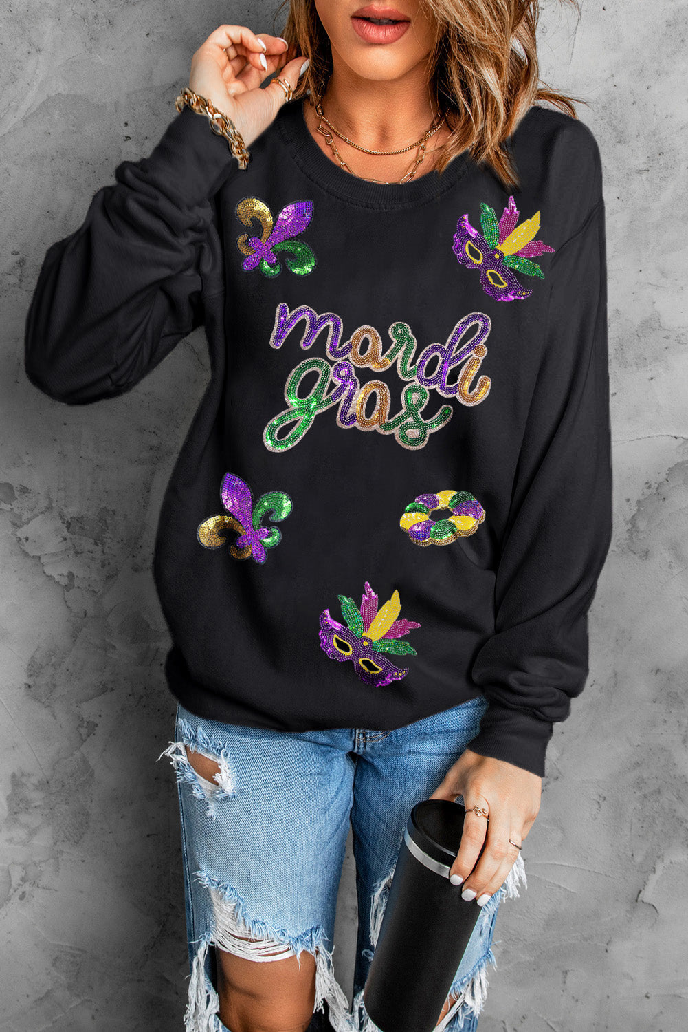 Black Sequin mardi gras Fleur de Lis Graphic Pullover Sweatshirt