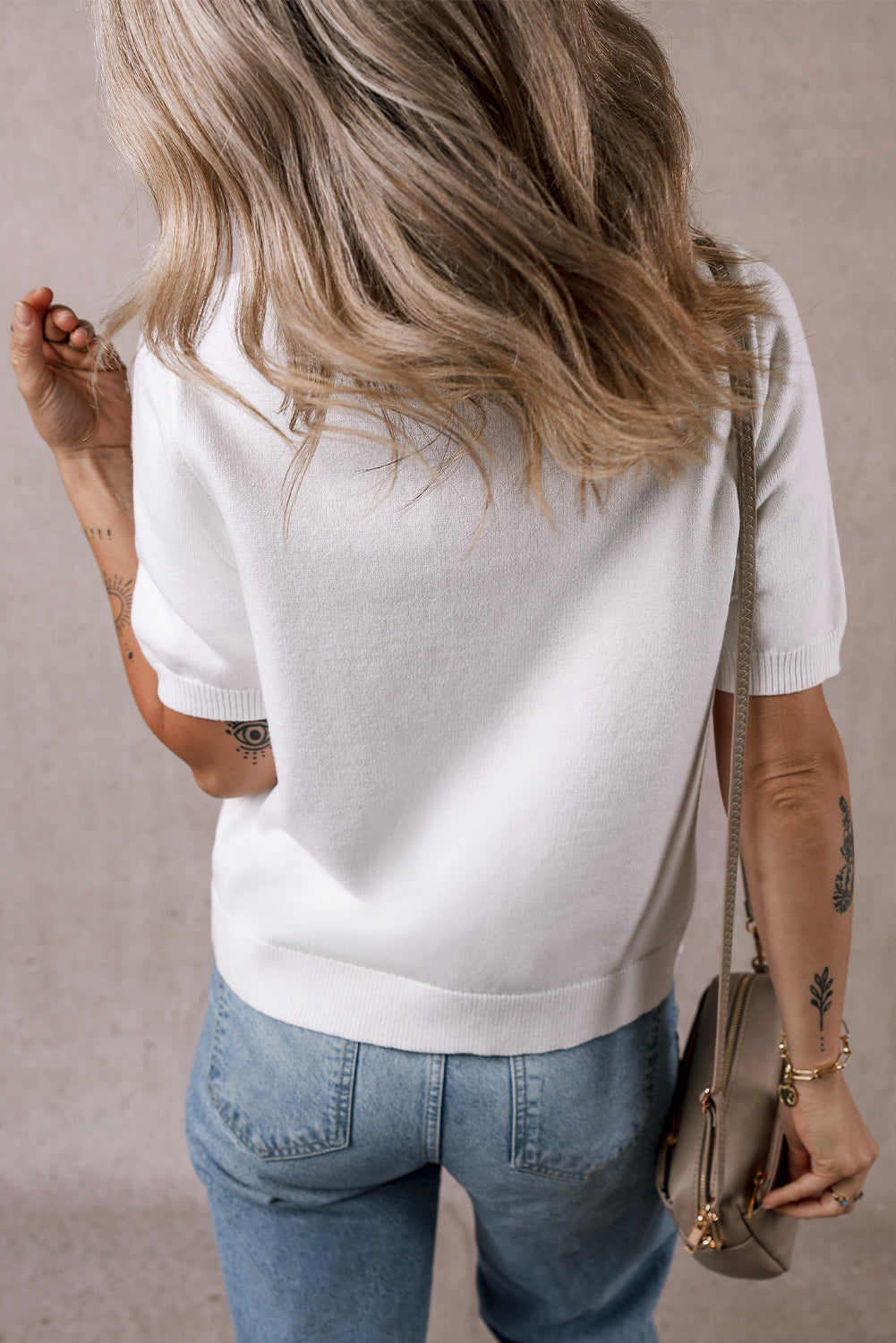 White Gold Buttons Textured Sweater T Shirt