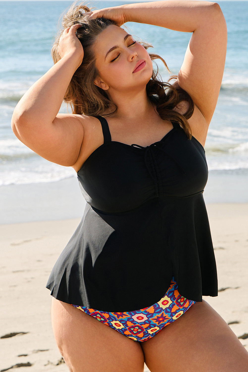 Black Drawstring Tied Front Flared Top Geometric Print Bottom Plus Size Tankinis