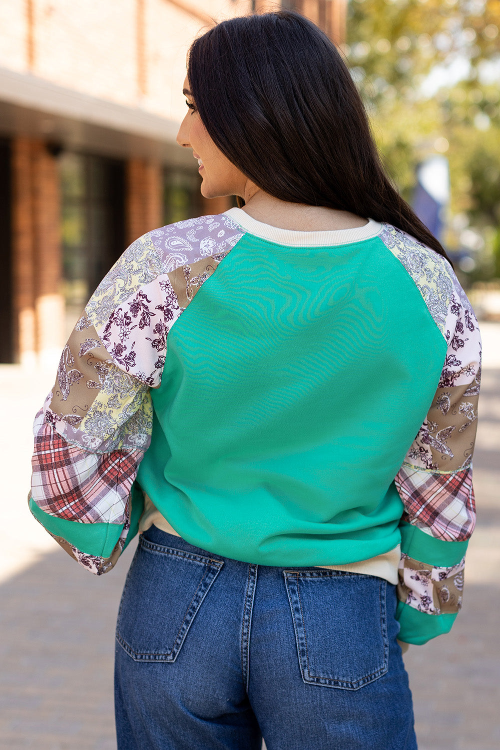 Aruba Blue Plaid Vintage Paisley Patchwork Long Sleeve Raglan Top