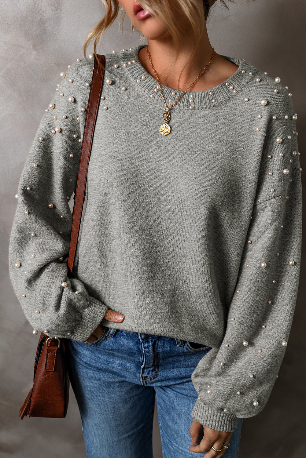 Smoke Gray Pearled Drop Shoulder Round Neck Sweater