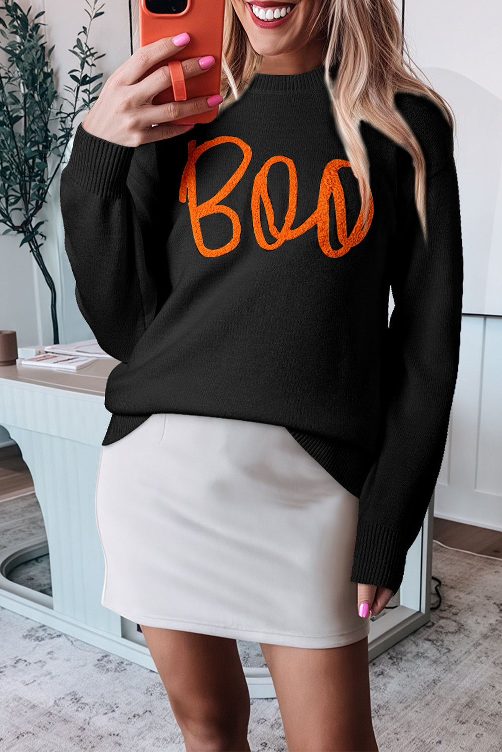 Orange Boo Knitted Pattern Ribbed Edge Drop Shoulder Sweater