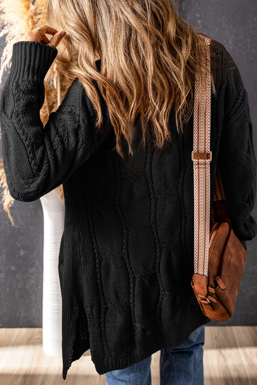 Black Ribbed Trim Eyelet Cable Knit Cardigan