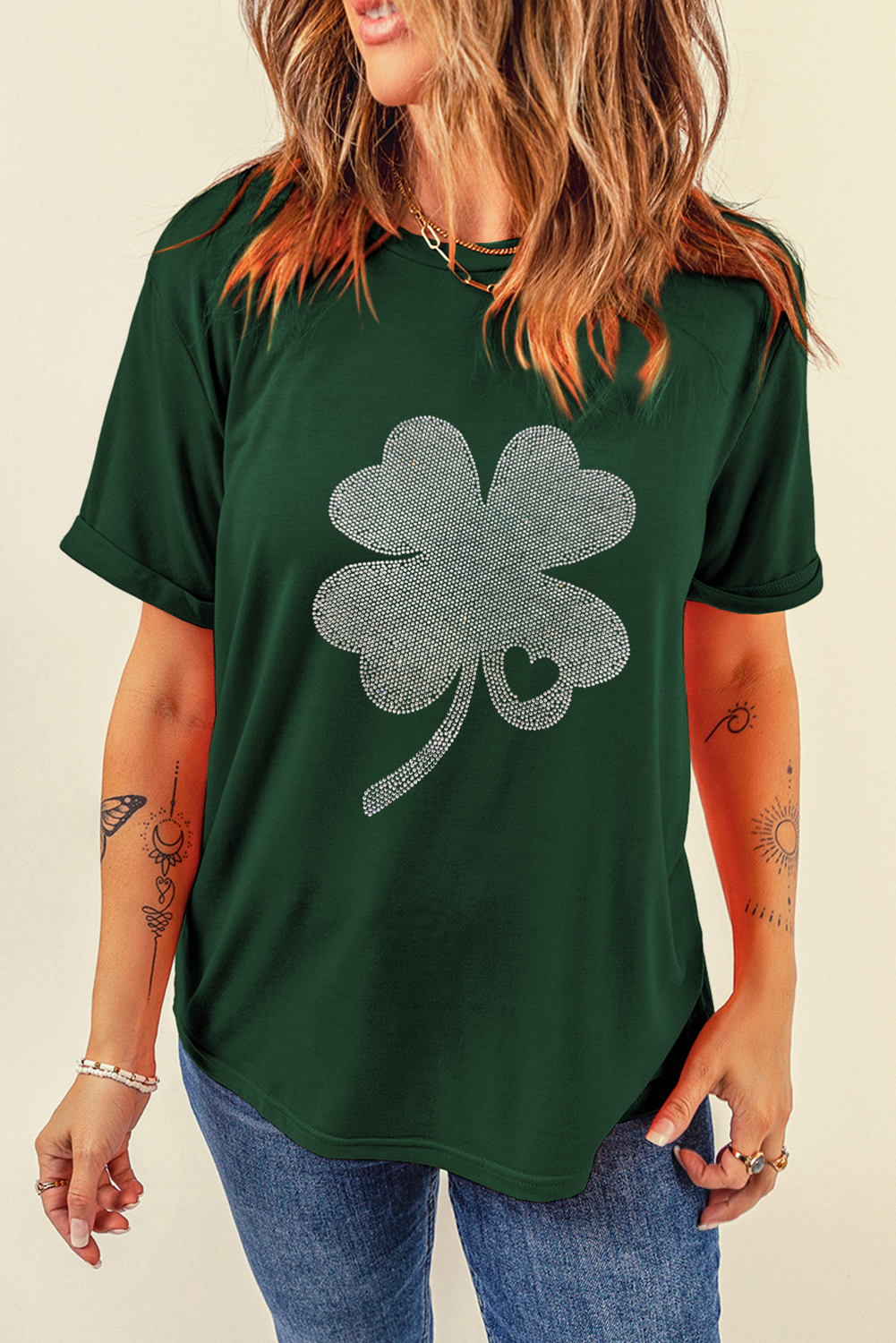 Green Rhinestone Four Leaf Clover Graphic St Patrick Crewneck Tee