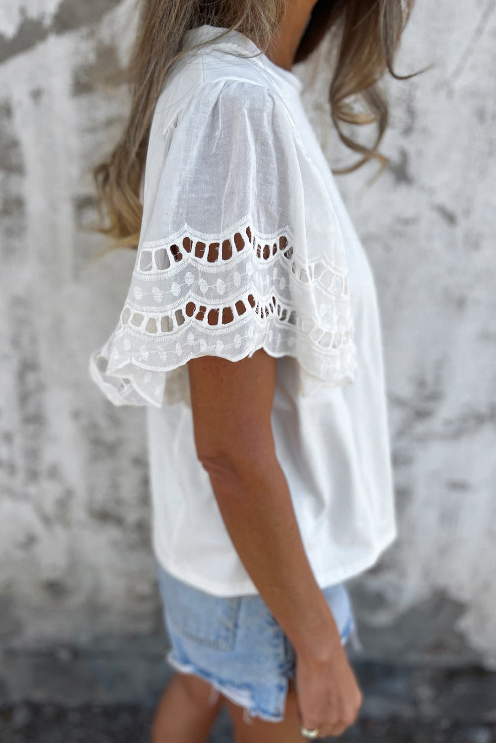 White Hollow Out Embroidered Short Sleeve O Neck Top