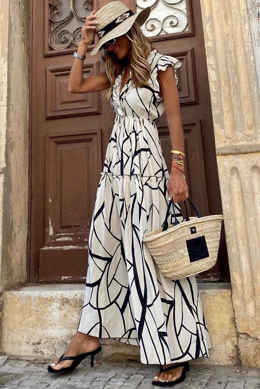 White Abstract Vein Print V Neck Ruffle Maxi Dress