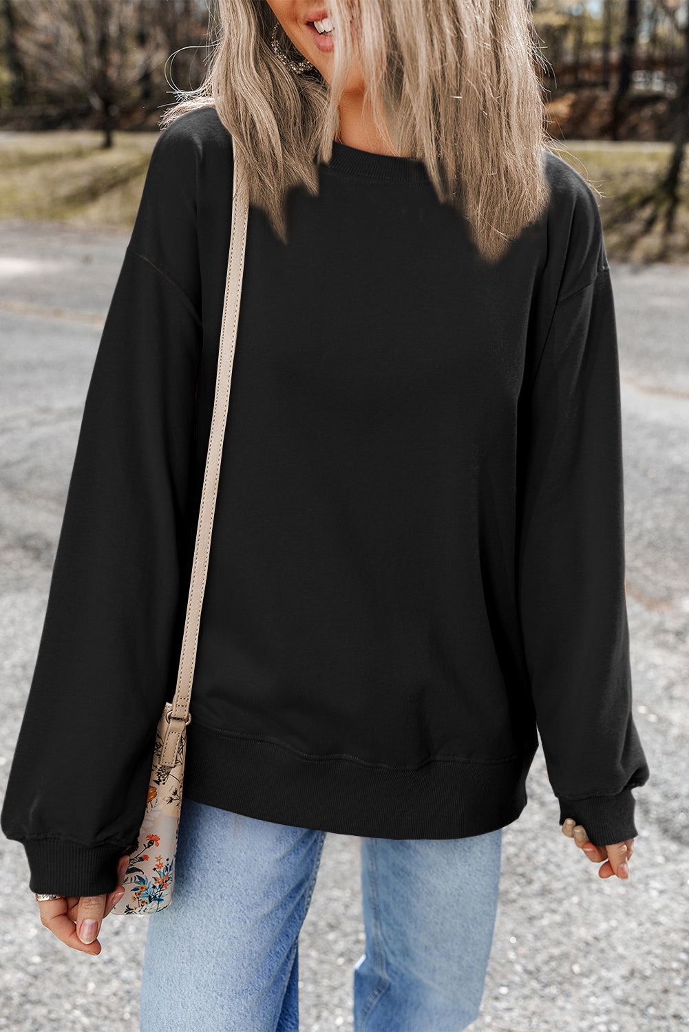 Bonbon Plain Drop Shoulder Crewneck Pullover Sweatshirt