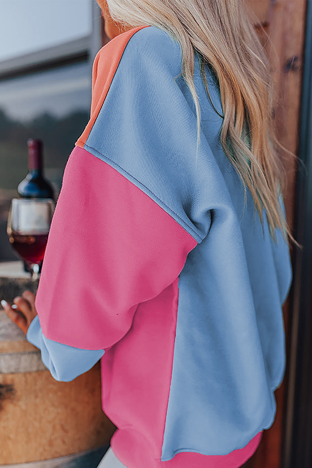 Bright Pink Colorblock Patchwork Drop Shoulder Sweatshirt