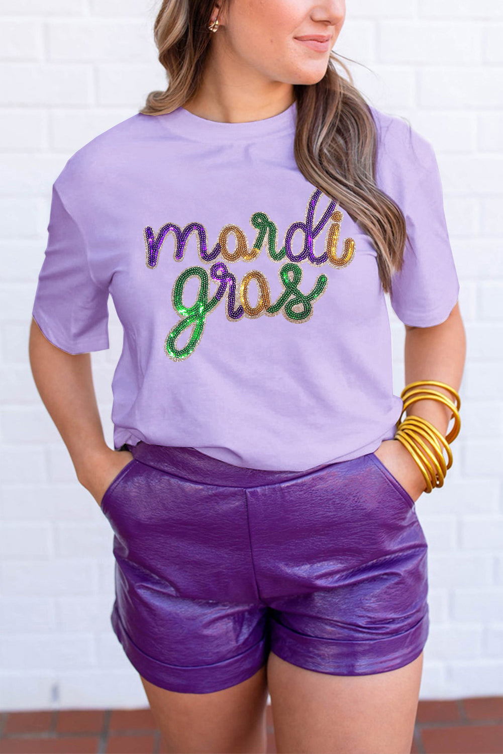 White Sequin mardi gras Graphic T Shirt