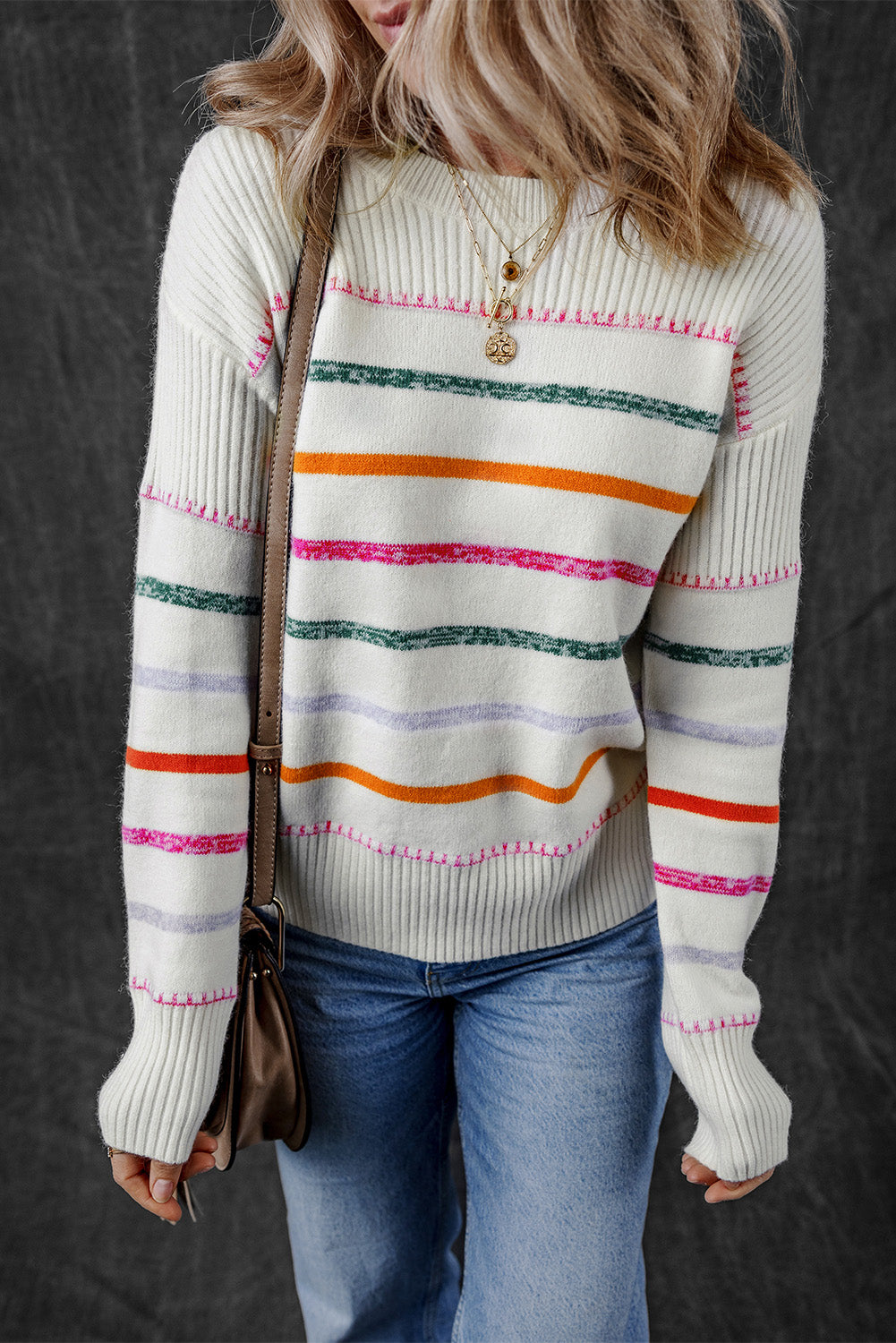 White Colorful Striped Ribbed Trim Sweater