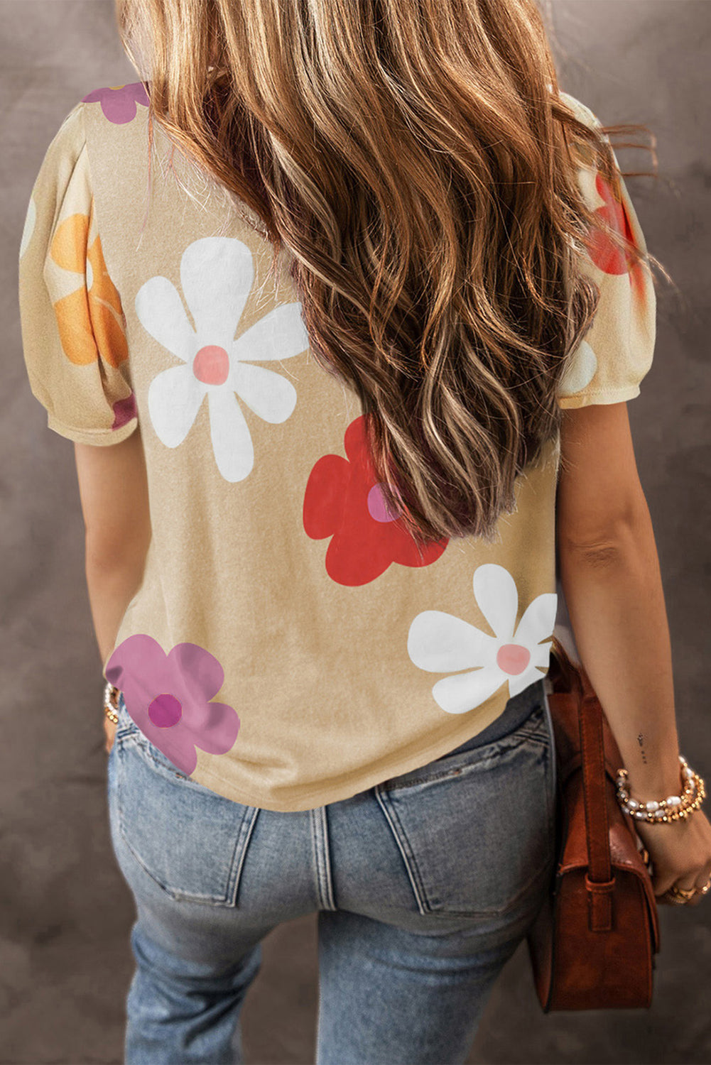 Sky Blue Flower Print Bubble Sleeve Tee