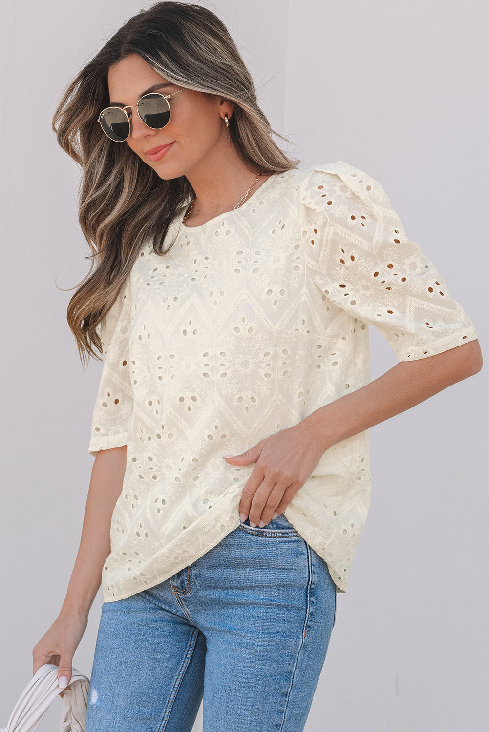 Beige Eyelet Embroidered Half Sleeve Casual Blouse