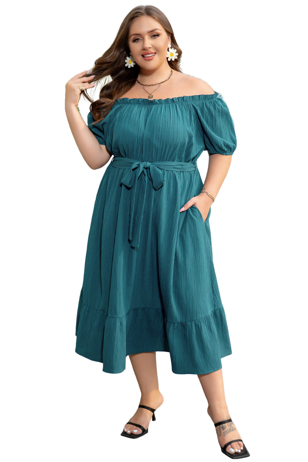 Skobeloff Frilled U Neck Puff Sleeve Belted Ruffle Hem Plus Size Midi Dress