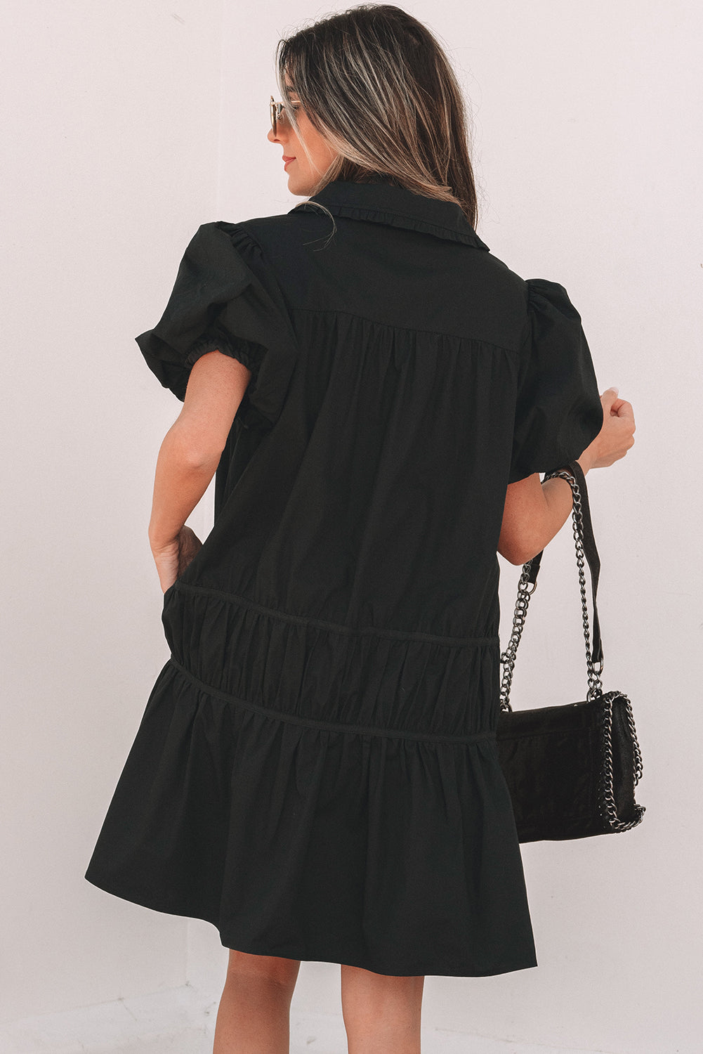 Black Shirt Style Button Down Puff Sleeve Ruffle Hem Dress