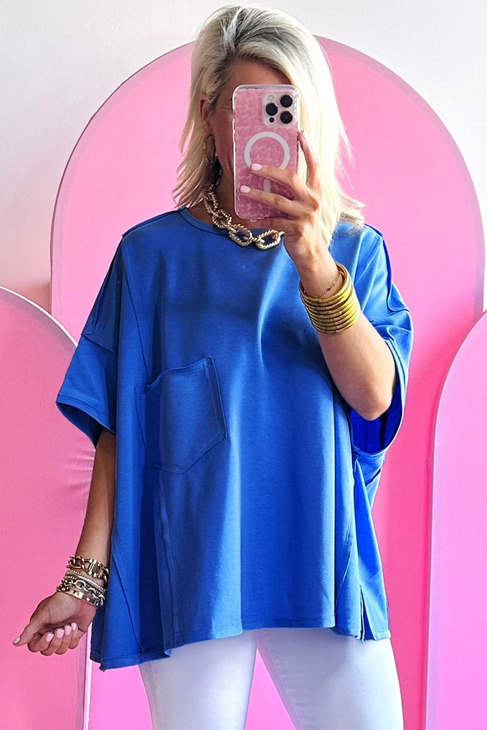 Bright Pink Patched Pocket Exposed Seam Oversize T-shirt