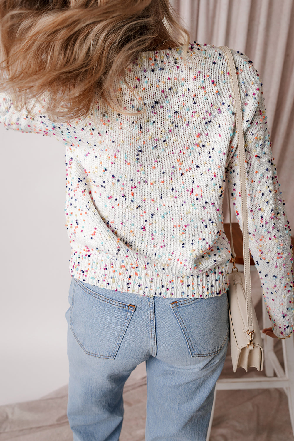 White Rhinestone Decor Multicolor Confetti Sweater Cardigan