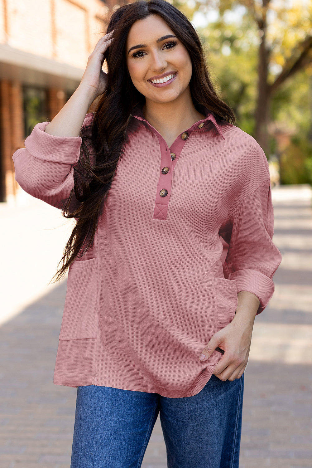 Pink Waffle Long Sleeve Collar Half Button Loose Top