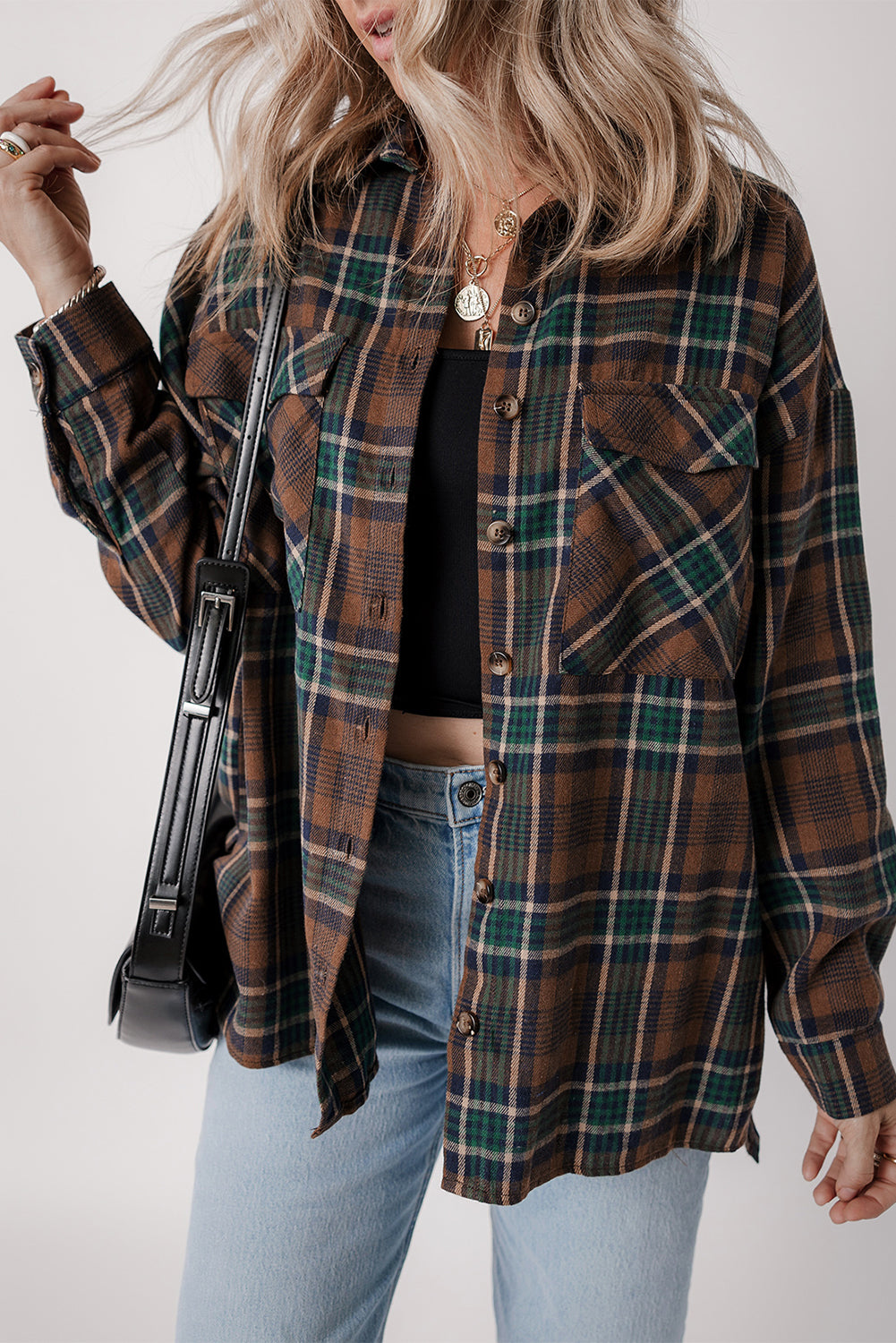 Brown Plaid Print Chest Pockets Buttoned Shirt Jacket