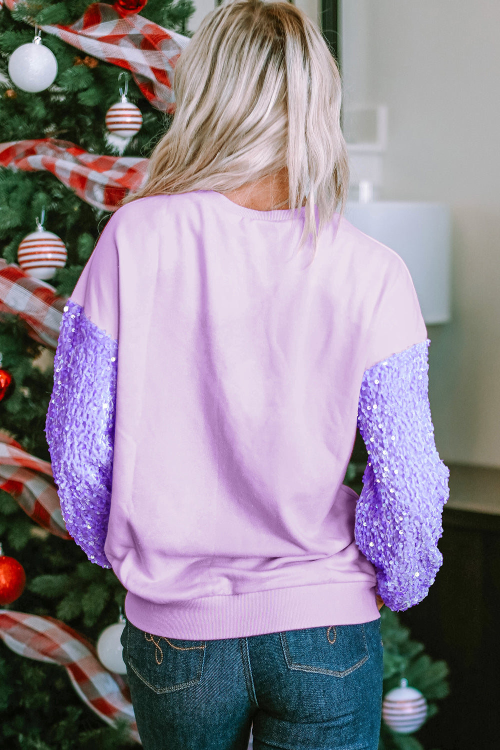 Pink Sequin Patchwork Long Sleeve Pullover Top