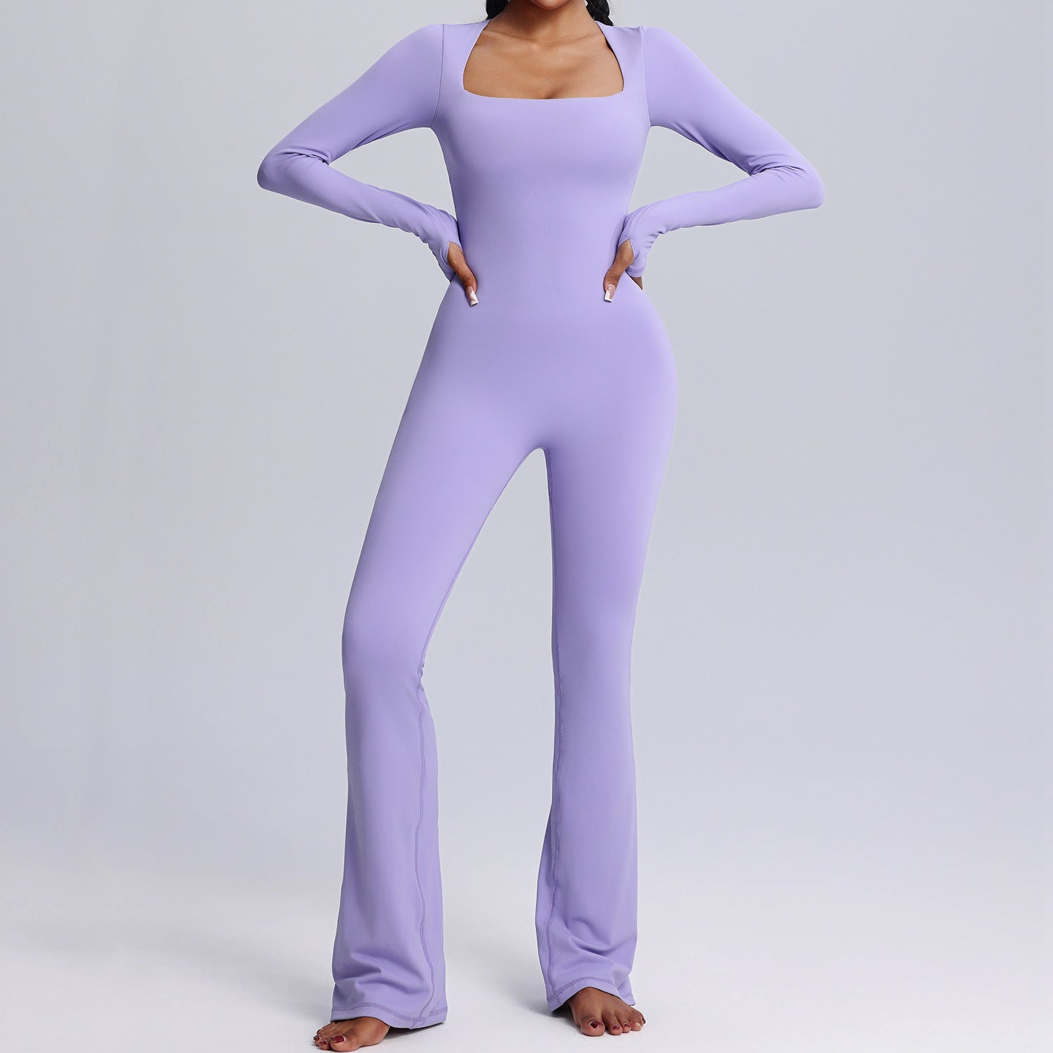 Square Neck Long-sleeved Yoga Flared Pants Breathable Jumpsuit