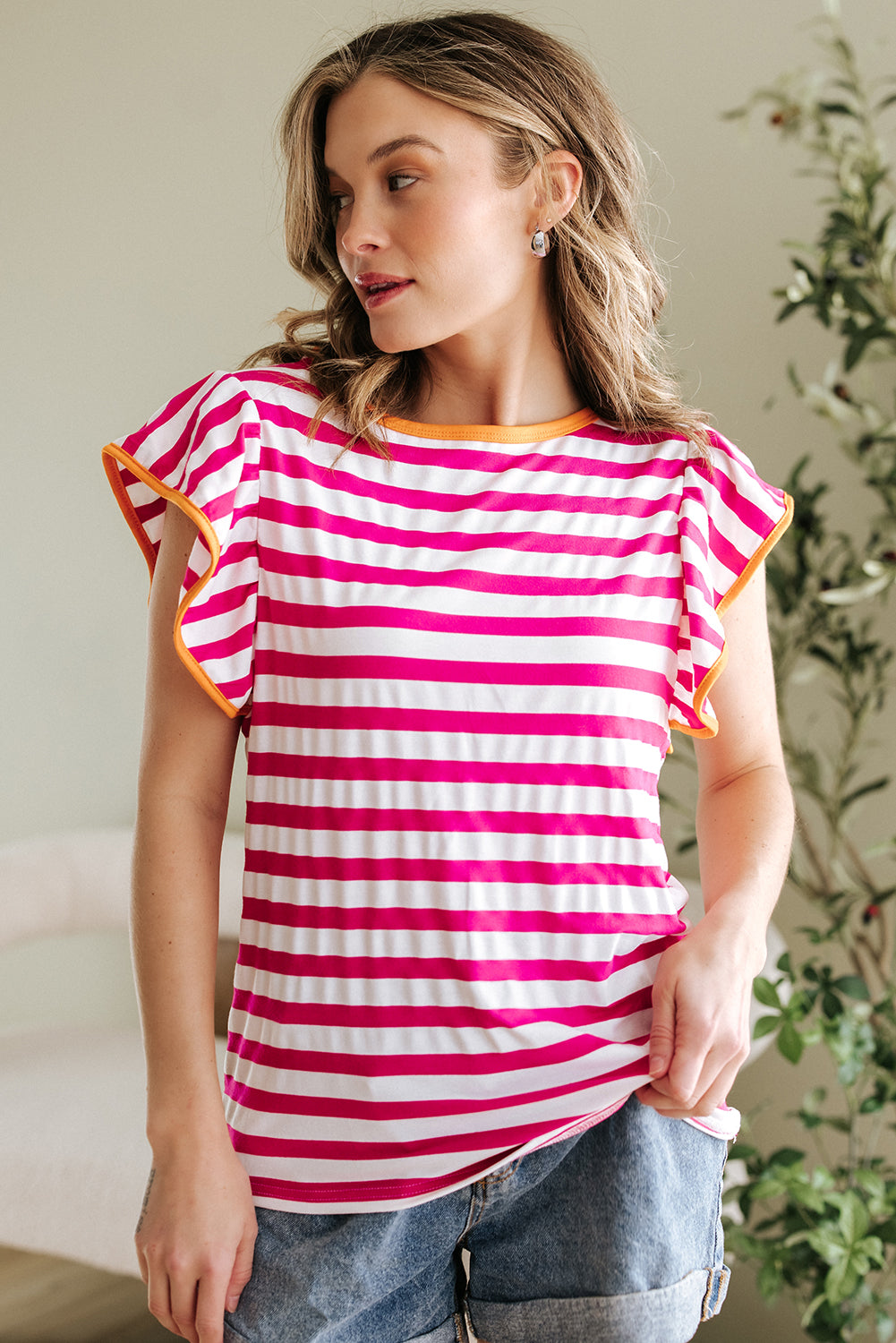 Rose Red Striped Ruffle Sleeve Crew Neck Blouse