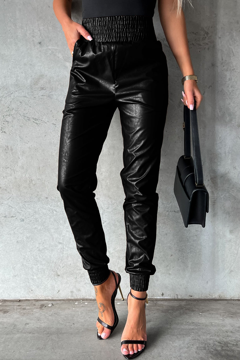 Black Smocked High-Waist Leather Skinny Pants