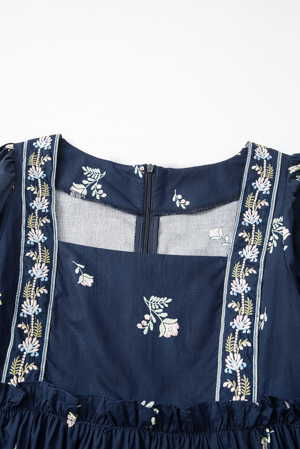 Blue Floral Embroidered Square Neck Puff Sleeve Ruffled Mini Dress