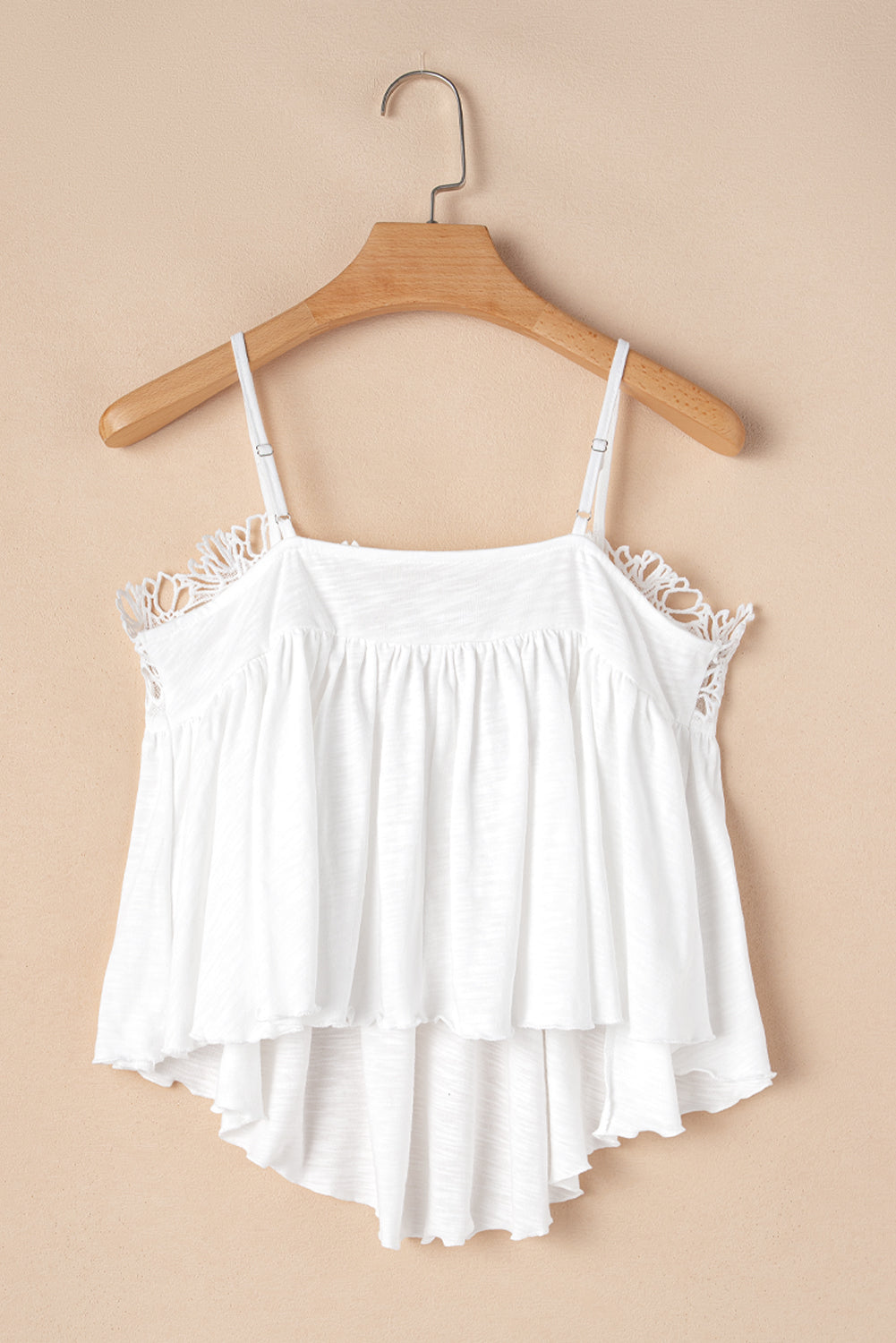 White Lace Splicing Spaghetti Straps Ruffle Flared Tank Top