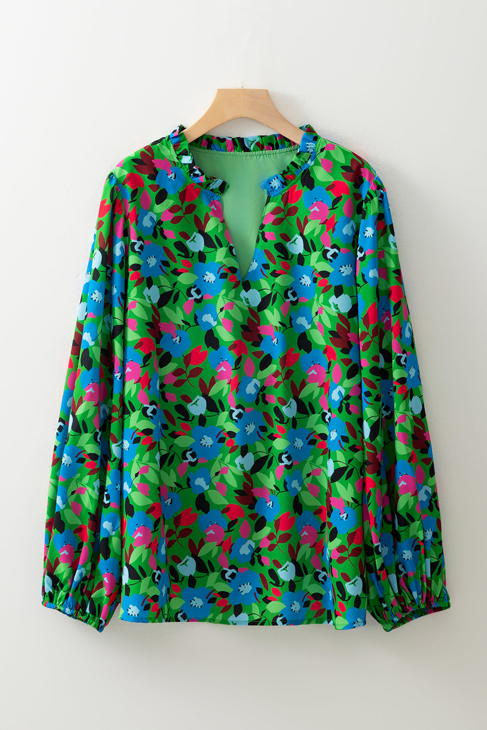 Green Plus Size Floral Bubble Sleeve V Neck Blouse