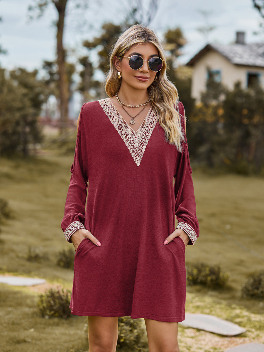 V-neck Lace Off-the-shoulder Dress