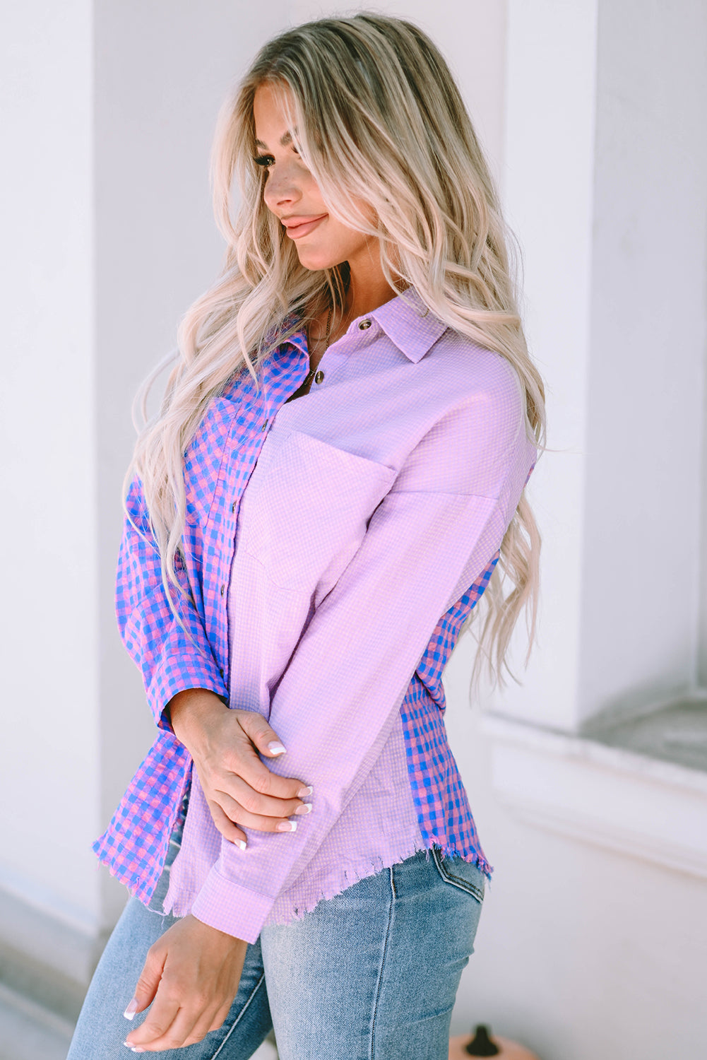 Purple Mixed Plaid Button Down Long Sleeve Chest Pocket Shirt