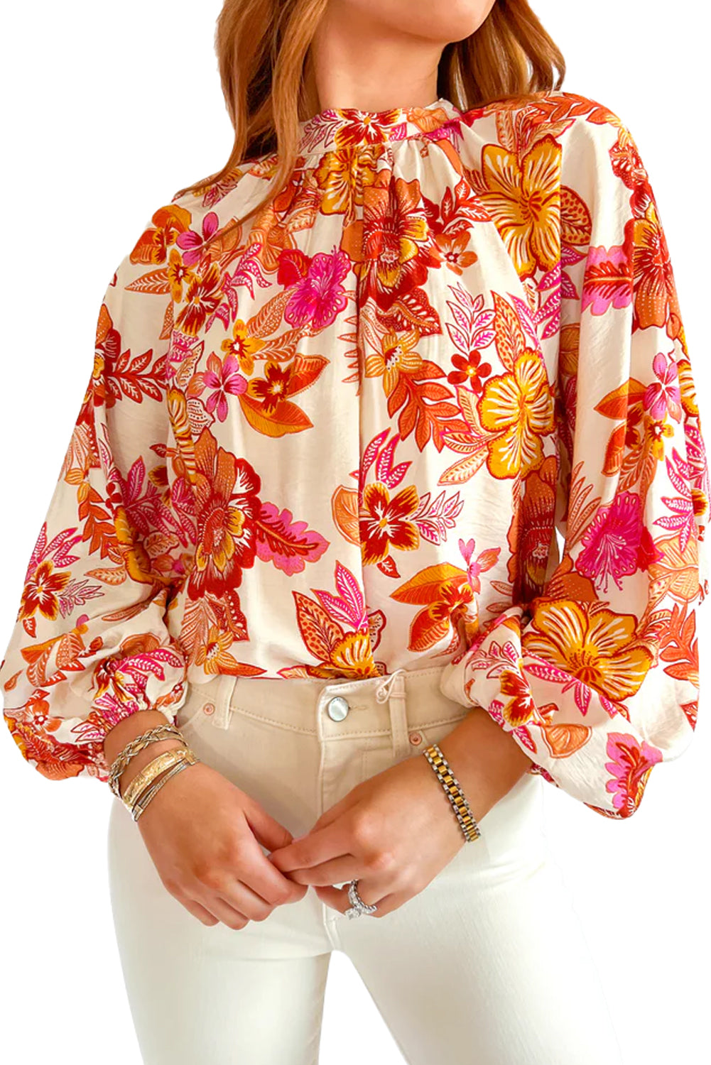 Orange Floral Print Pearl Button Keyhole Long Puff Sleeve Blouse