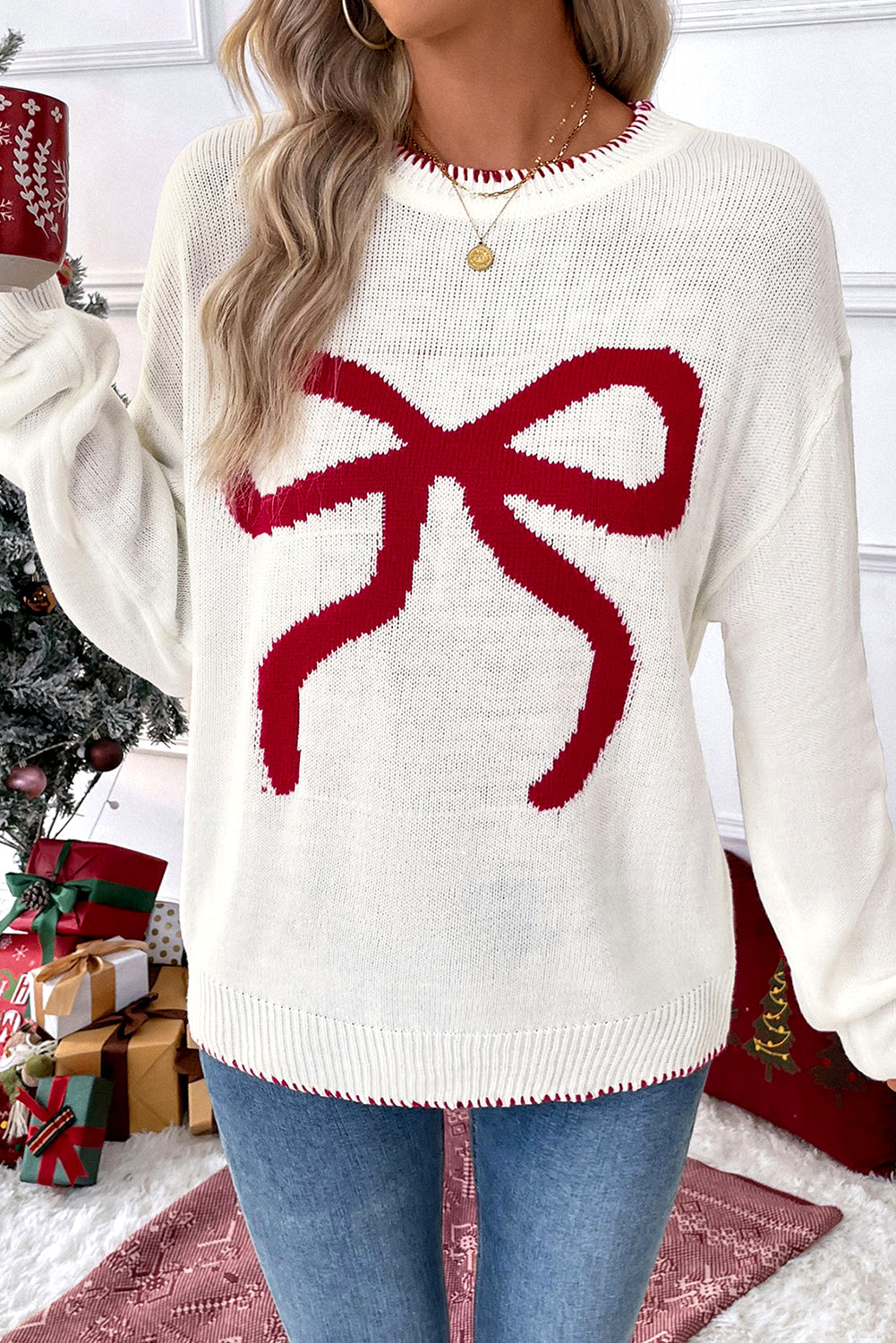 White Bow Pattern Contrast Trim Christmas Loose Graphic Sweater