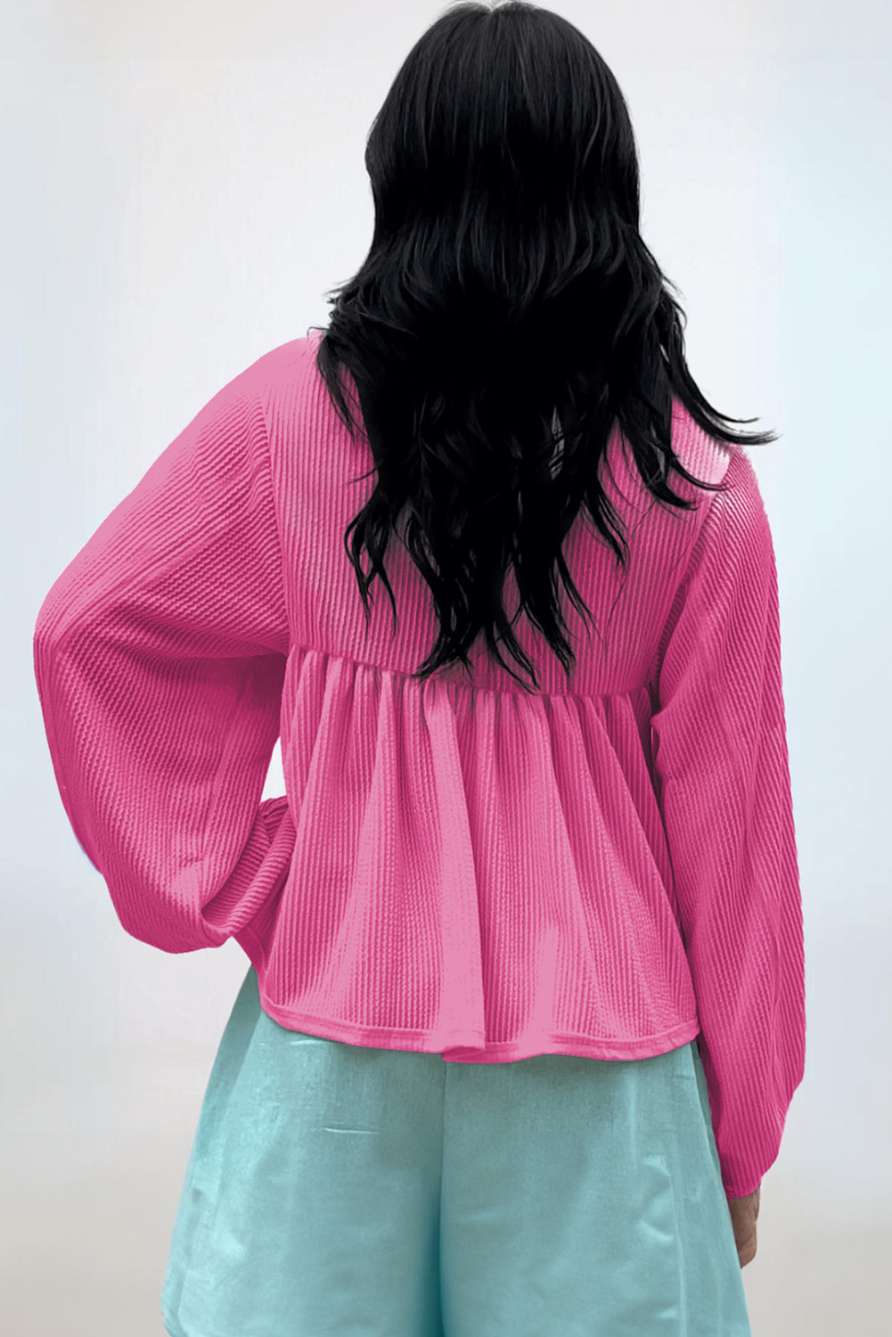 Bright Pink Corded Turn-down V Neck Bubble Sleeve Babydoll Blouse