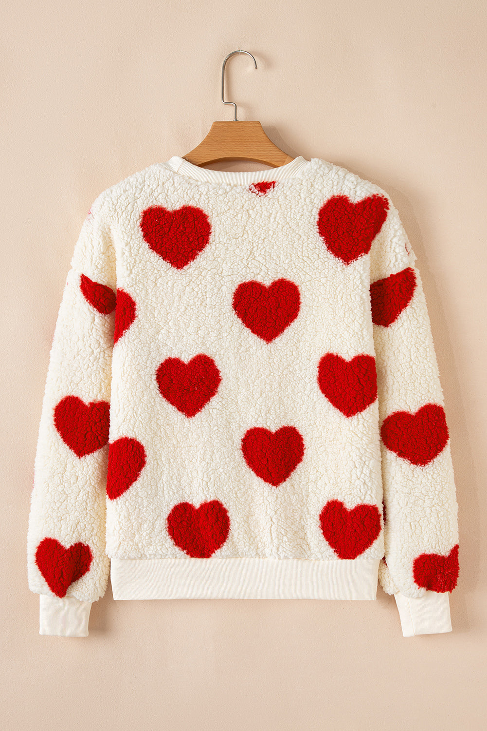 Fiery Red Heart Shape Drop Shoulder Crewneck Plush Sweatshirt