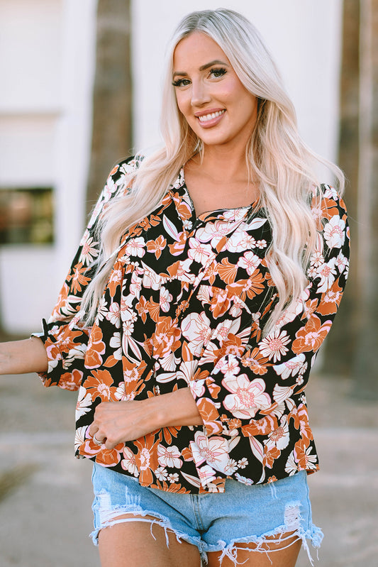 Brown Floral Print 3/4 Sleeve Babydoll Blouse