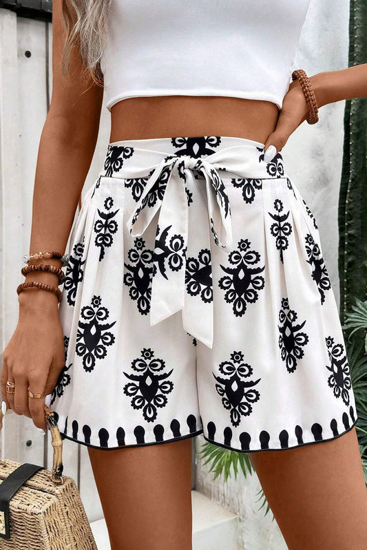 Black Tribal Geometric Print Belted High Waist Casual Shorts