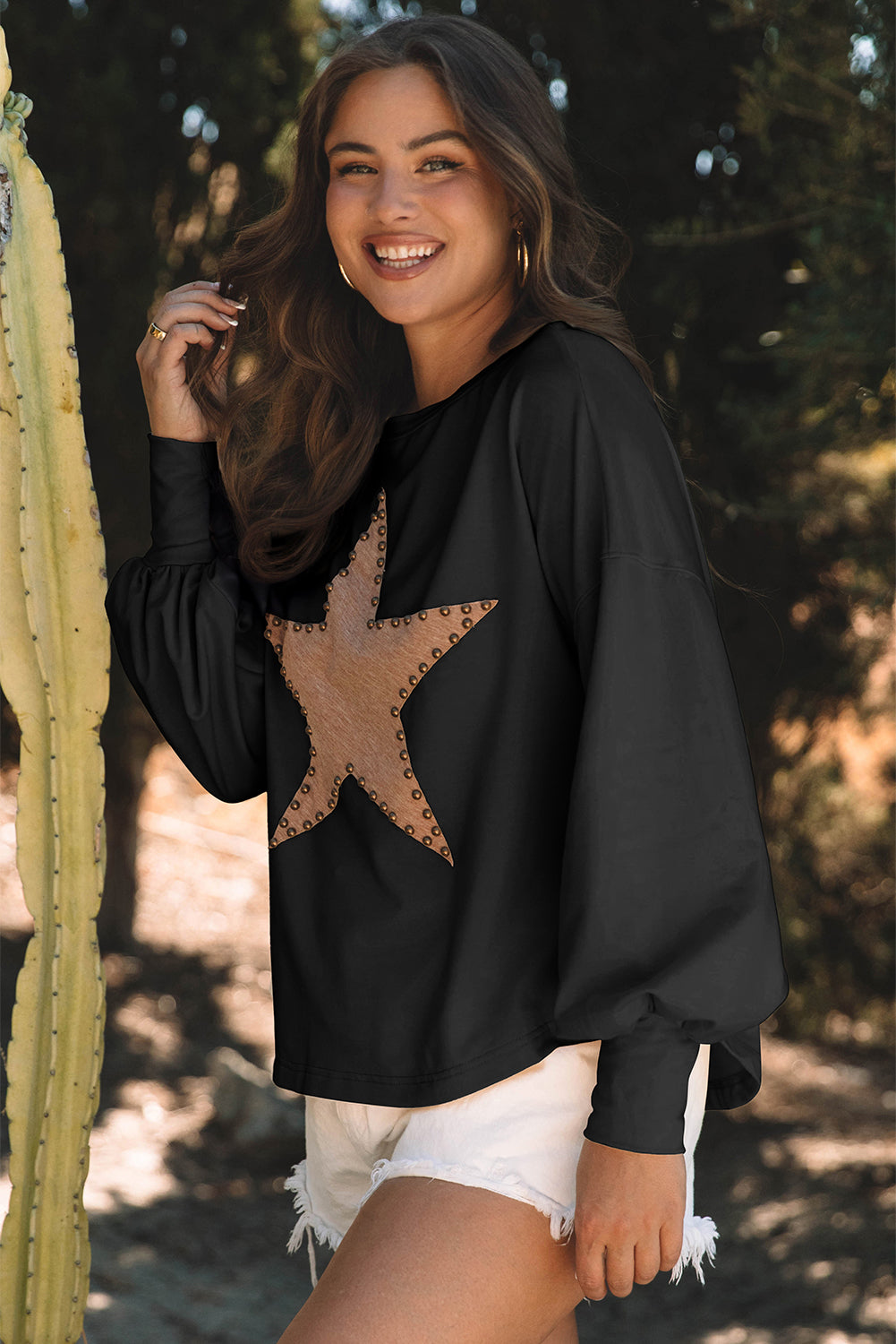 Apricot Studded Star Graphic Oversized Long Sleeve Top