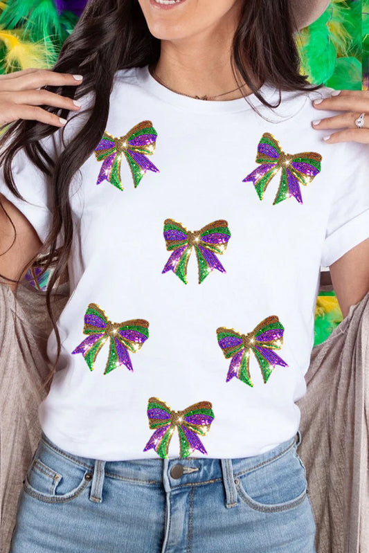 White Sequin Mardi Gras Bow Graphic Crewneck Tee