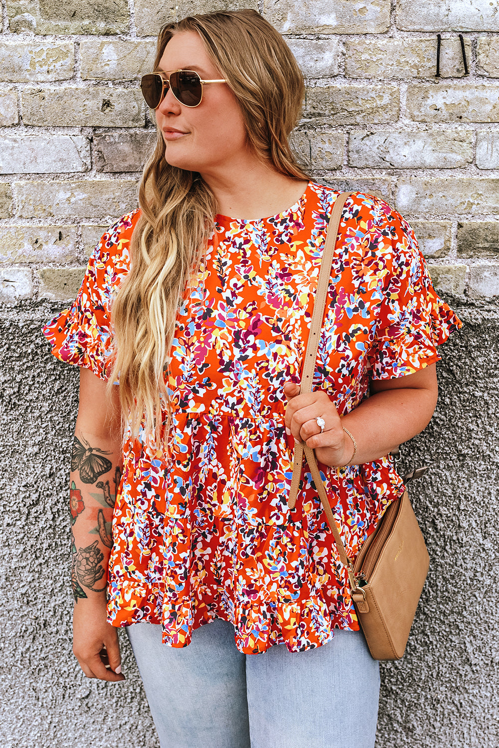 Orange Floral Printed Ruffle Sleeve Curvy Babydoll Blouse